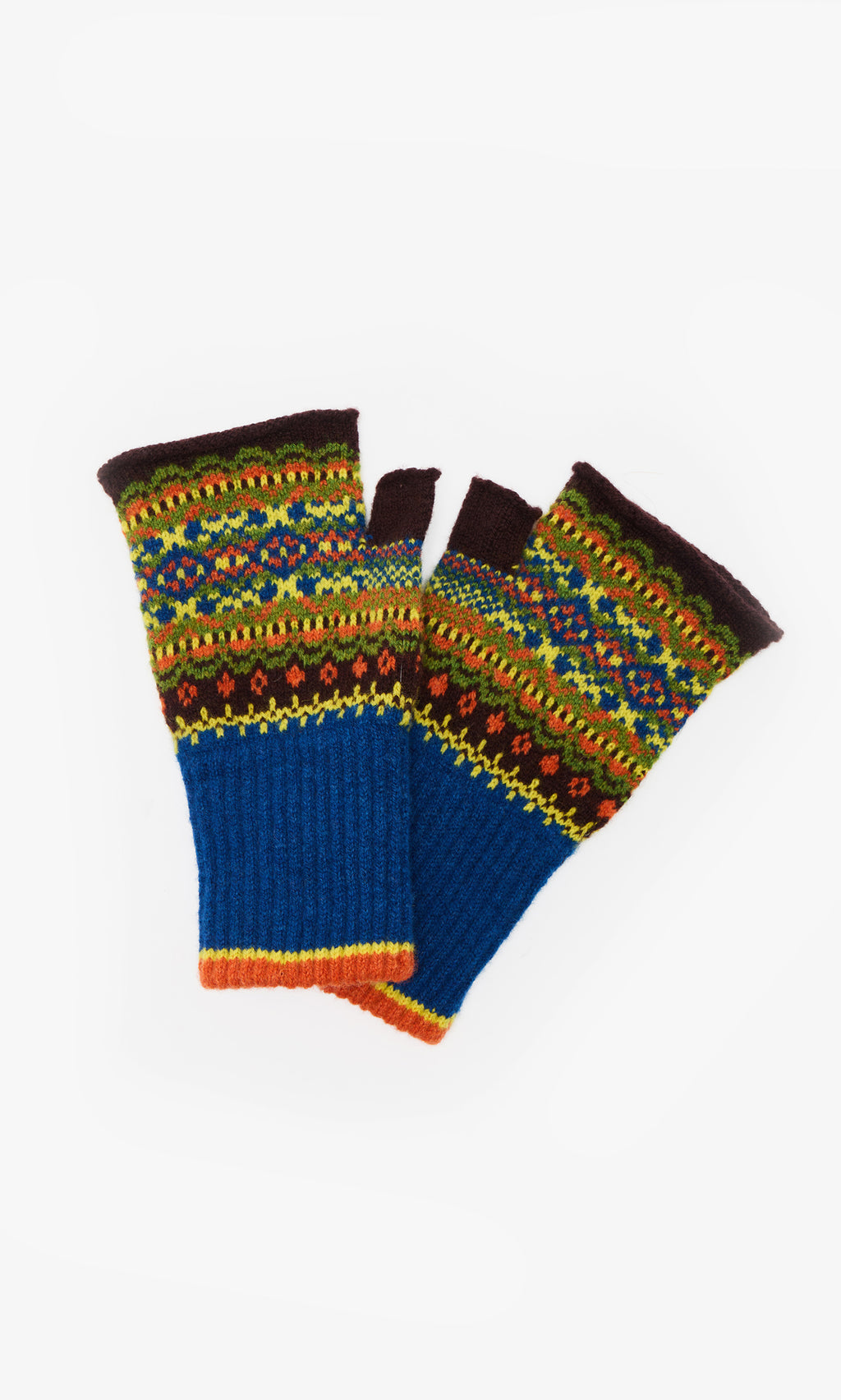 Plümo  Mull Fingerless Gloves: Merino lambswool, Fair Isle knit in blue, yellow, green, orange  brown patterns.