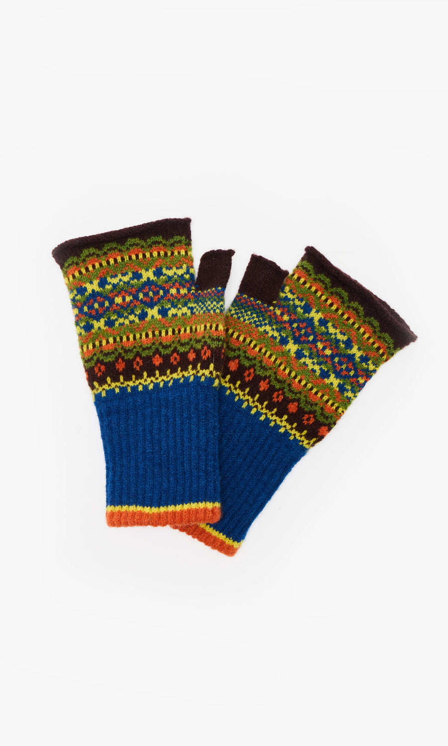 Plümo  Mull Fingerless Gloves: Merino lambswool, Fair Isle knit in blue, yellow, green, orange  brown patterns.