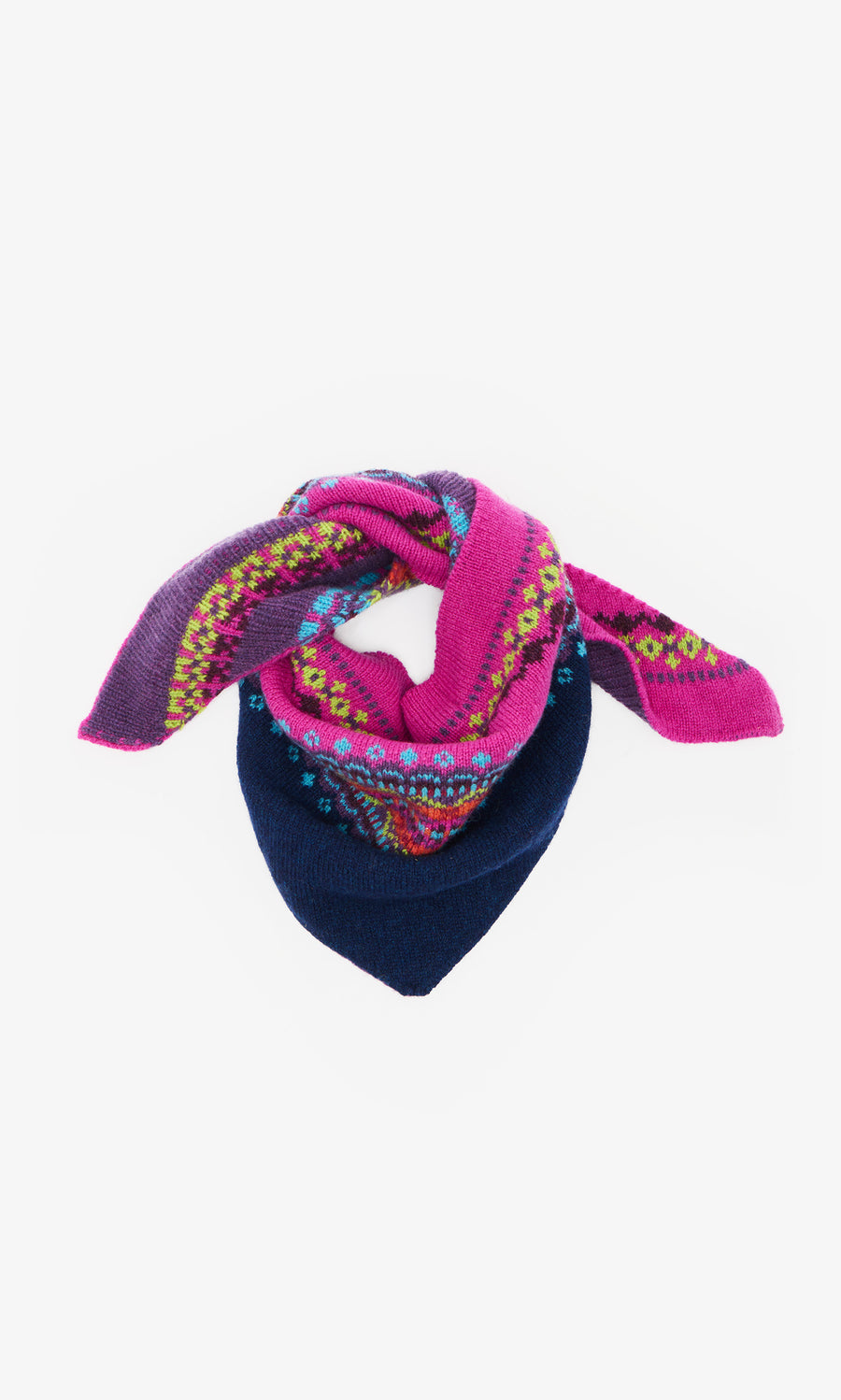 Plümo  The Montrose Necktie features vibrant pink, purple, and blue Fairisle patterns on a soft white background.