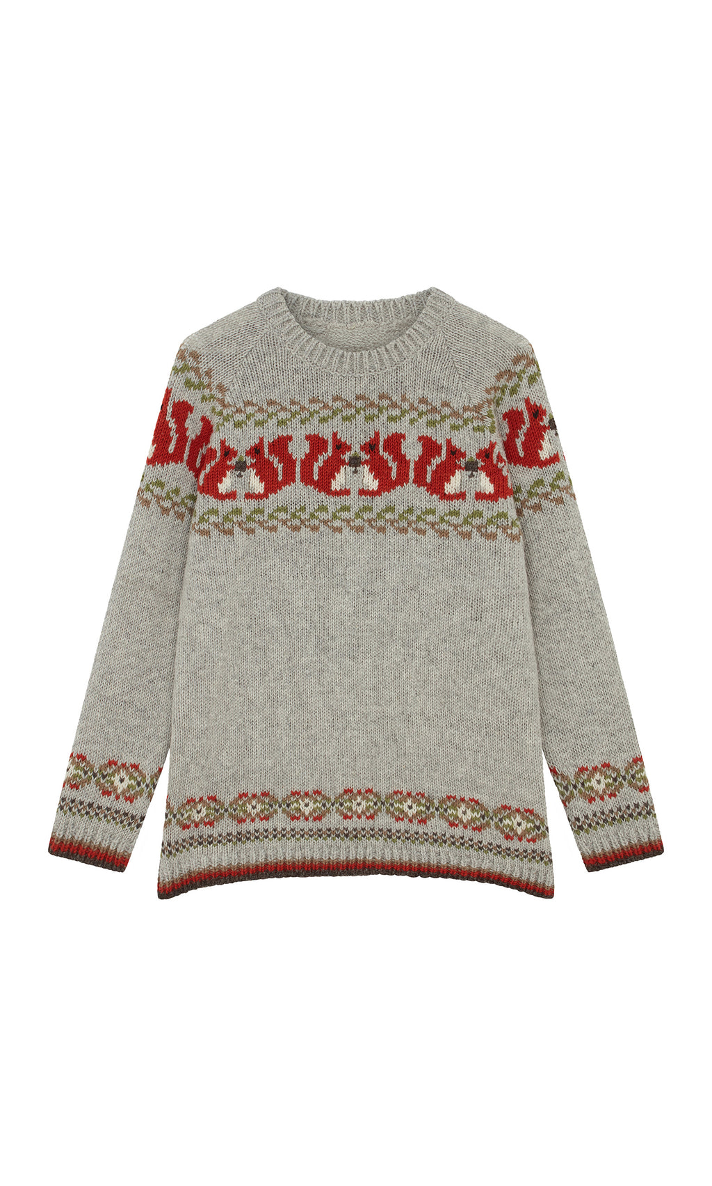 Plümo  Woodland Jumper: Chunky knit wool with red  green fair isle, made Fairtrade in Nepal. Laid flat for display.