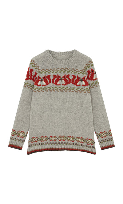 Plümo  Woodland Jumper: Chunky knit wool with red  green fair isle, made Fairtrade in Nepal. Laid flat for display.
