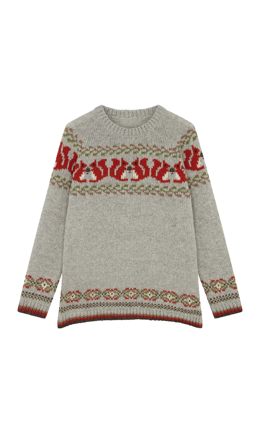 Plümo  Woodland Jumper: Chunky knit wool with red  green fair isle, made Fairtrade in Nepal. Laid flat for display.