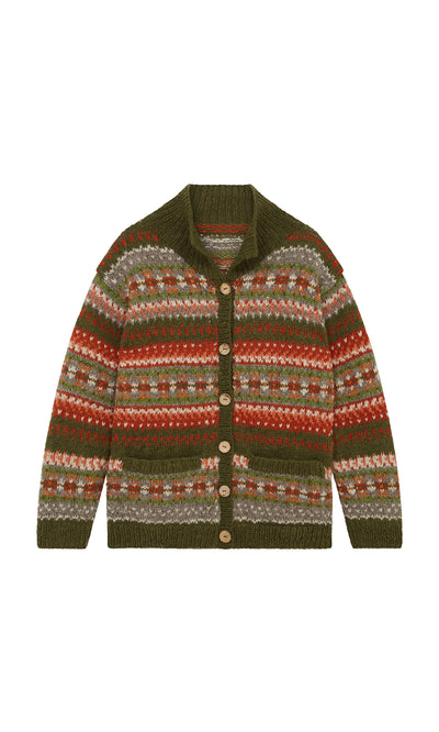 Plümo  Hebrides Cardigan: Handknitted wool, green base, red/gray stripes, tan buttons down the front.