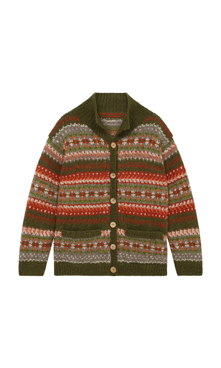 Plümo  Hebrides Cardigan: Handknitted wool, green base, red/gray stripes, tan buttons down the front.