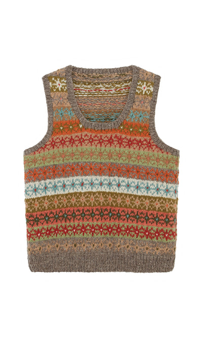 Plümo  Oban Fairisle Top: Handknitted wool slipover with colorful stripes, earth tones, and floral details for cozy layering.
