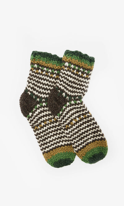 Plümo  Grey Knit Socks with green, yellow, brown, and white zigzag patterns on a white background.