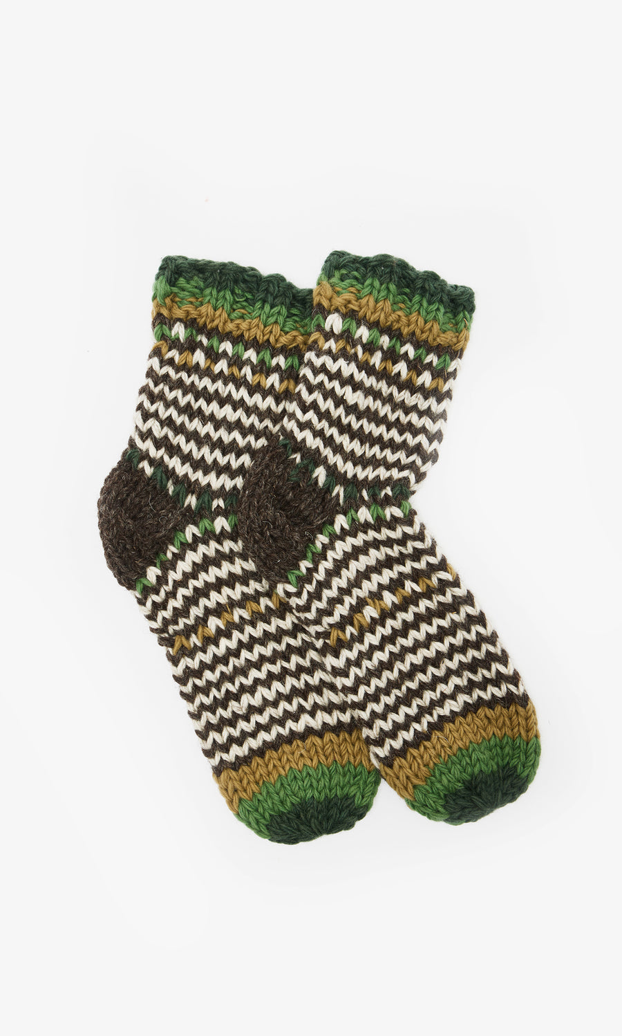 Plümo  Grey Knit Socks with green, yellow, brown, and white zigzag patterns on a white background.