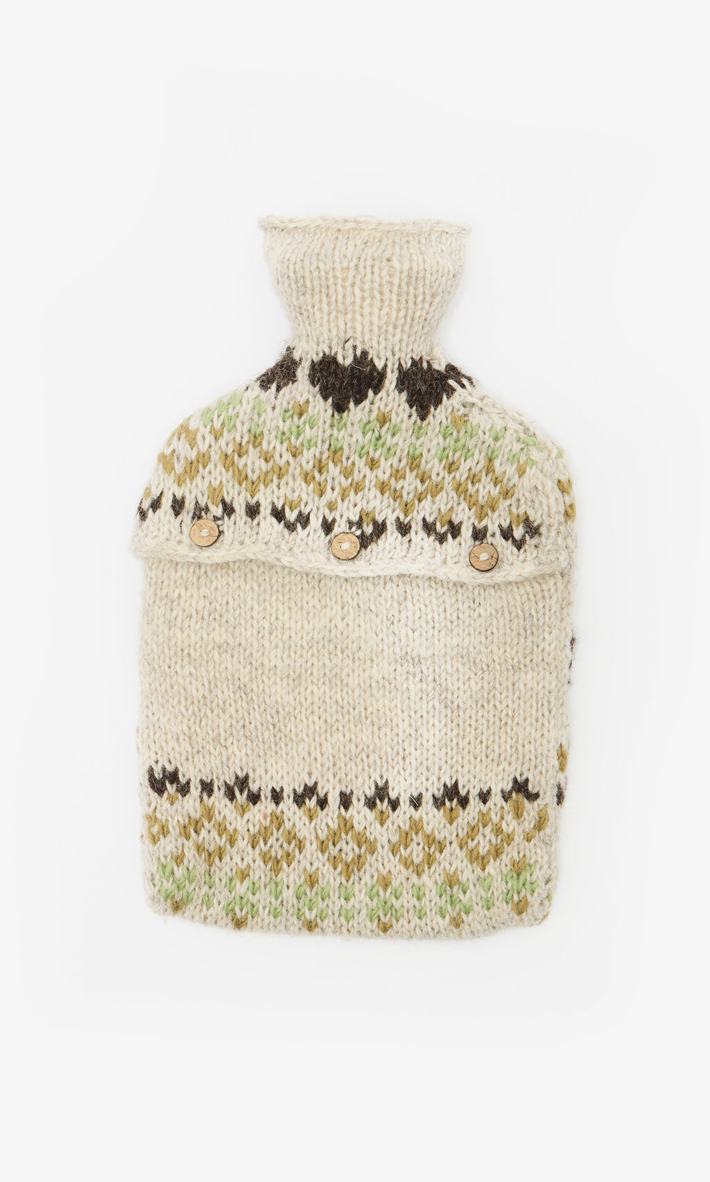 Plümo  The Hedgehog HWB is a hand-knitted wool hot water bottle cover with buttons, patterns, and cozy neutral colors.
