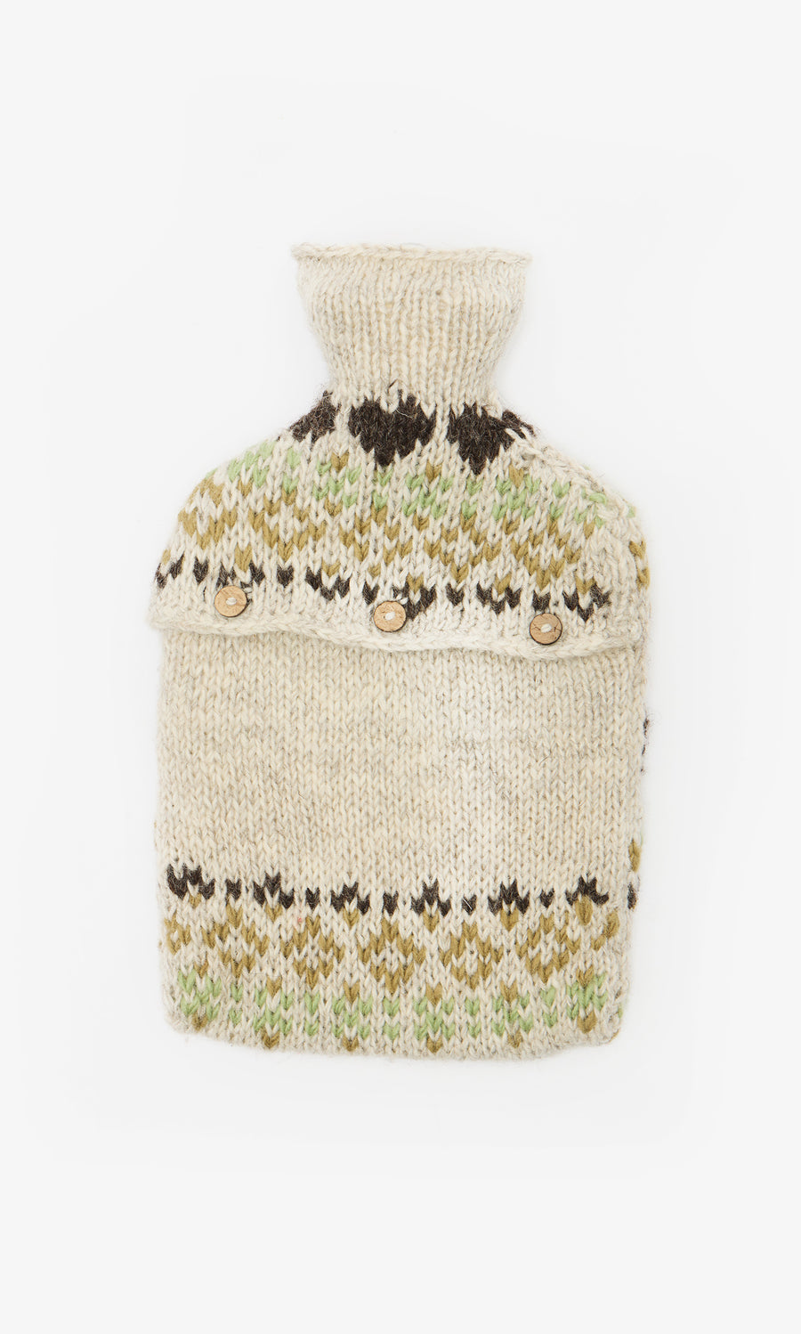 Plümo  The Hedgehog HWB is a hand-knitted wool hot water bottle cover with buttons, patterns, and cozy neutral colors.
