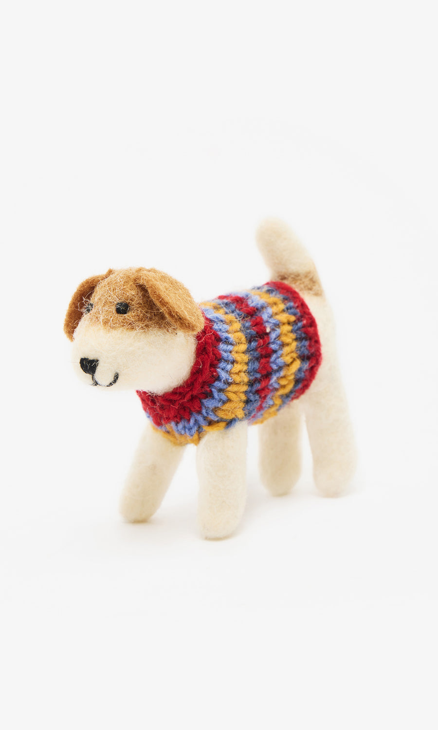 Plümo  Jack in a Jumper: a hand-felted dog in a colorful sweater, handmade in Nepal, stands on white background.