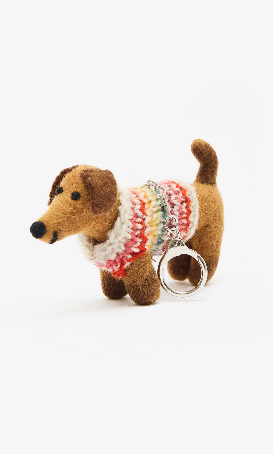 Plümo  Handcrafted in Nepal, the Sausage Dog Keyring features hand-felted wool and a colorful sweater on white.