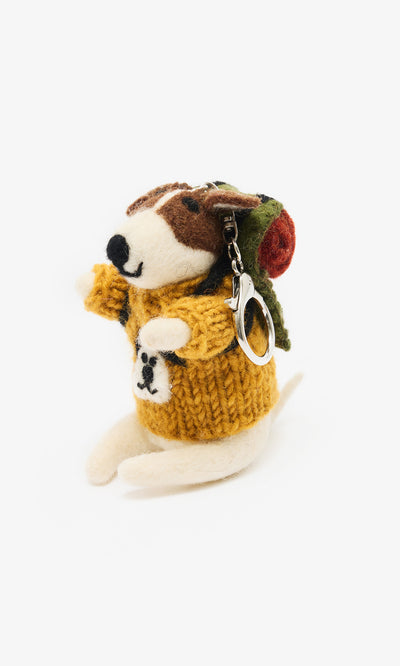 Plümo  Handmade in Nepal, the Rambling Roger Keyring wears a yellow knit sweater and backpack, felted wool on white.