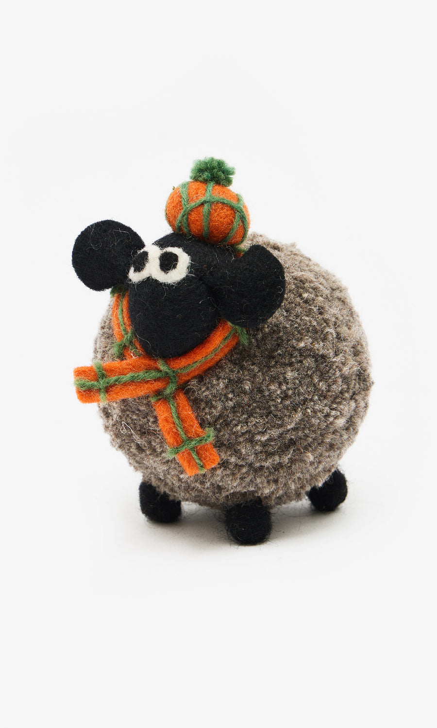 Plümo  Highland Sheep: a round, hand-felted wool toy in an orange scarf and hat with green accents, fair trade.