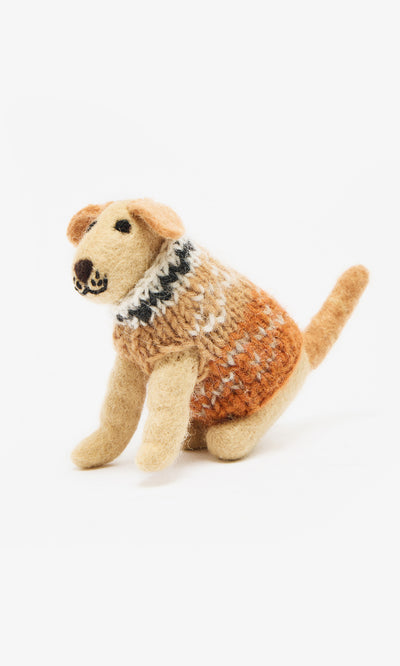 Plümo  Digby the Labrador: a small, hand-felted wool dog in an orange and white sweater, handcrafted in Nepal.