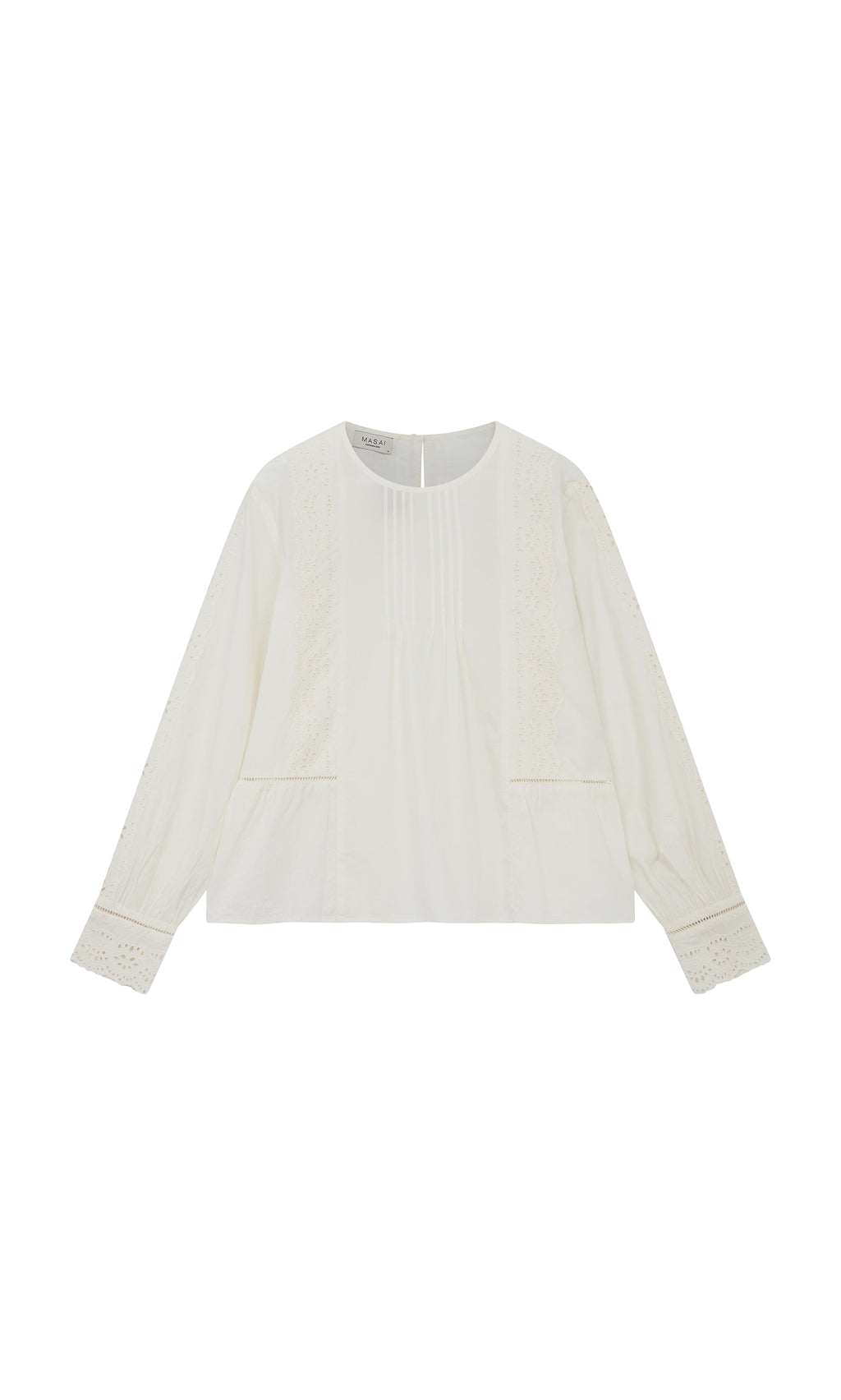 Plümo  White long-sleeve blouse with lace details, pleated front, and delicate embroidered panels at the sleeves and sides.