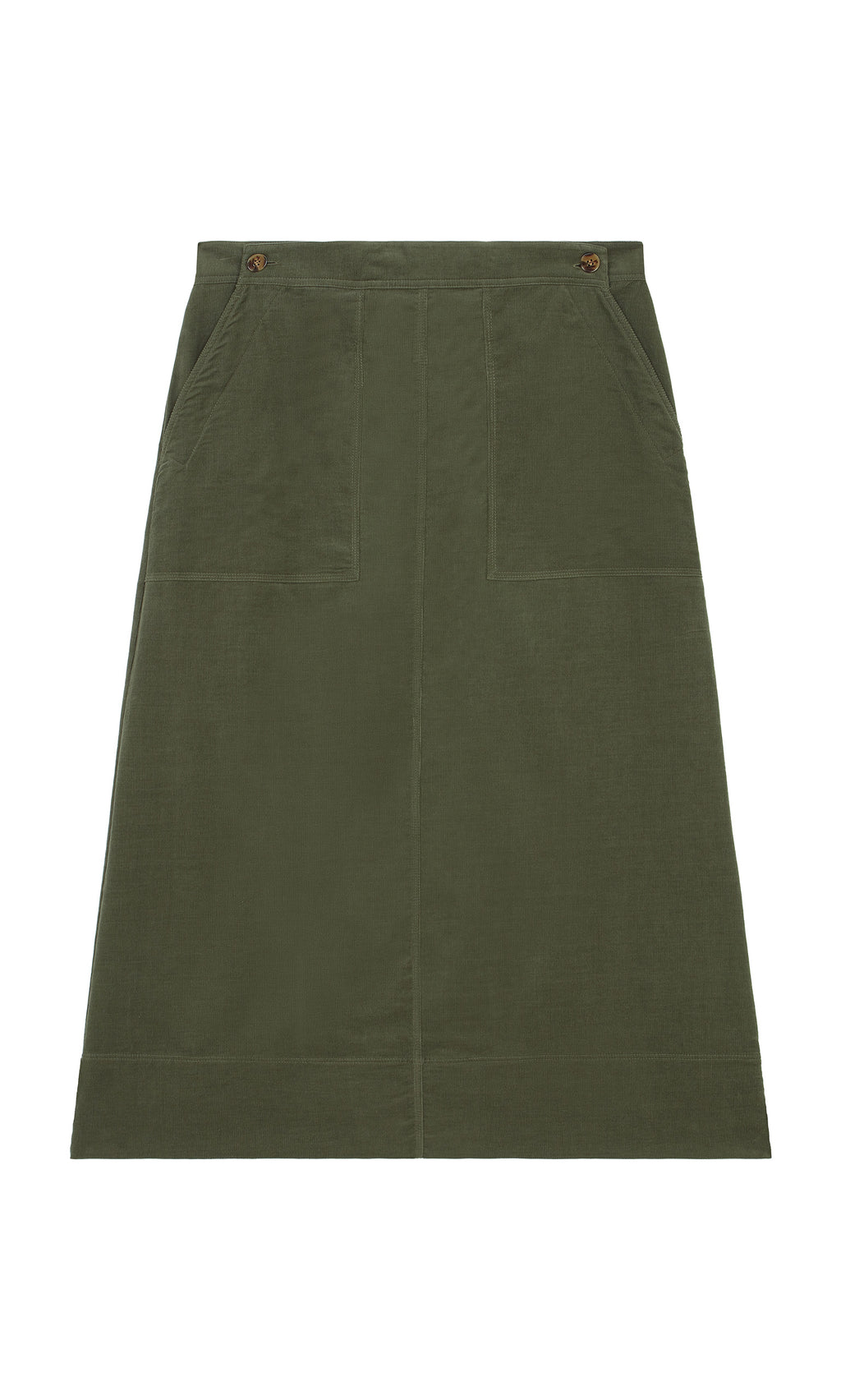 Plümo  Beetle Green Skirt: cotton needlecord A-line with front pockets, button waist, shown on white background.