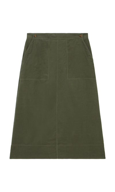 Plümo  Beetle Green Skirt: cotton needlecord A-line with front pockets, button waist, shown on white background.