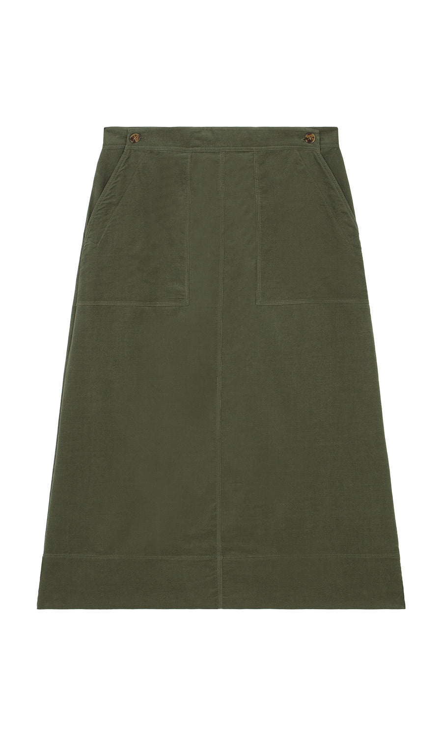 Plümo  Beetle Green Skirt: cotton needlecord A-line with front pockets, button waist, shown on white background.