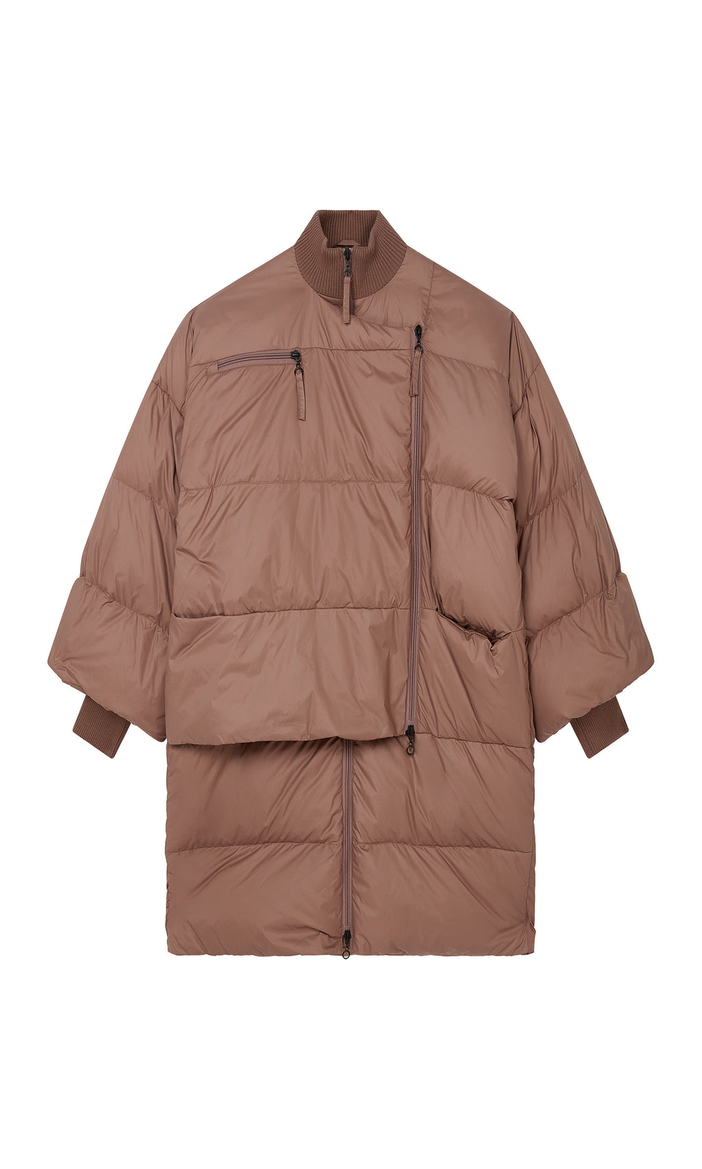 Plümo  Firth Puffer Coat: Brown, Danish design, asymmetrical zips, high ribbed collar, oversized fit on white background.