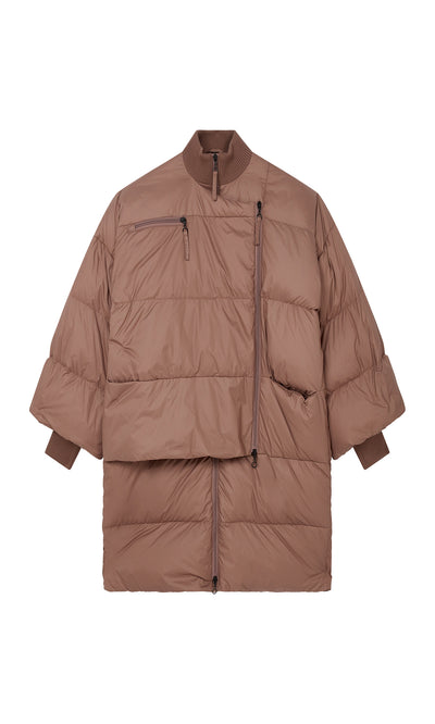 Plümo  Firth Puffer Coat: Brown, Danish design, asymmetrical zips, high ribbed collar, oversized fit on white background.