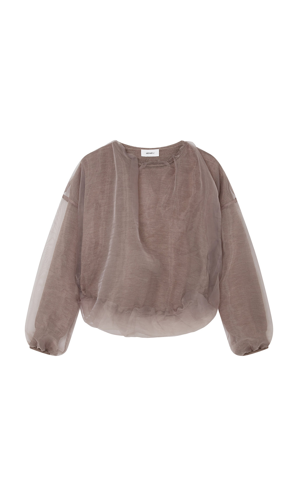 Plümo  Clyde Blouse: Sheer lavender, long sleeves, relaxed fit, round neck—bubble top inspired.