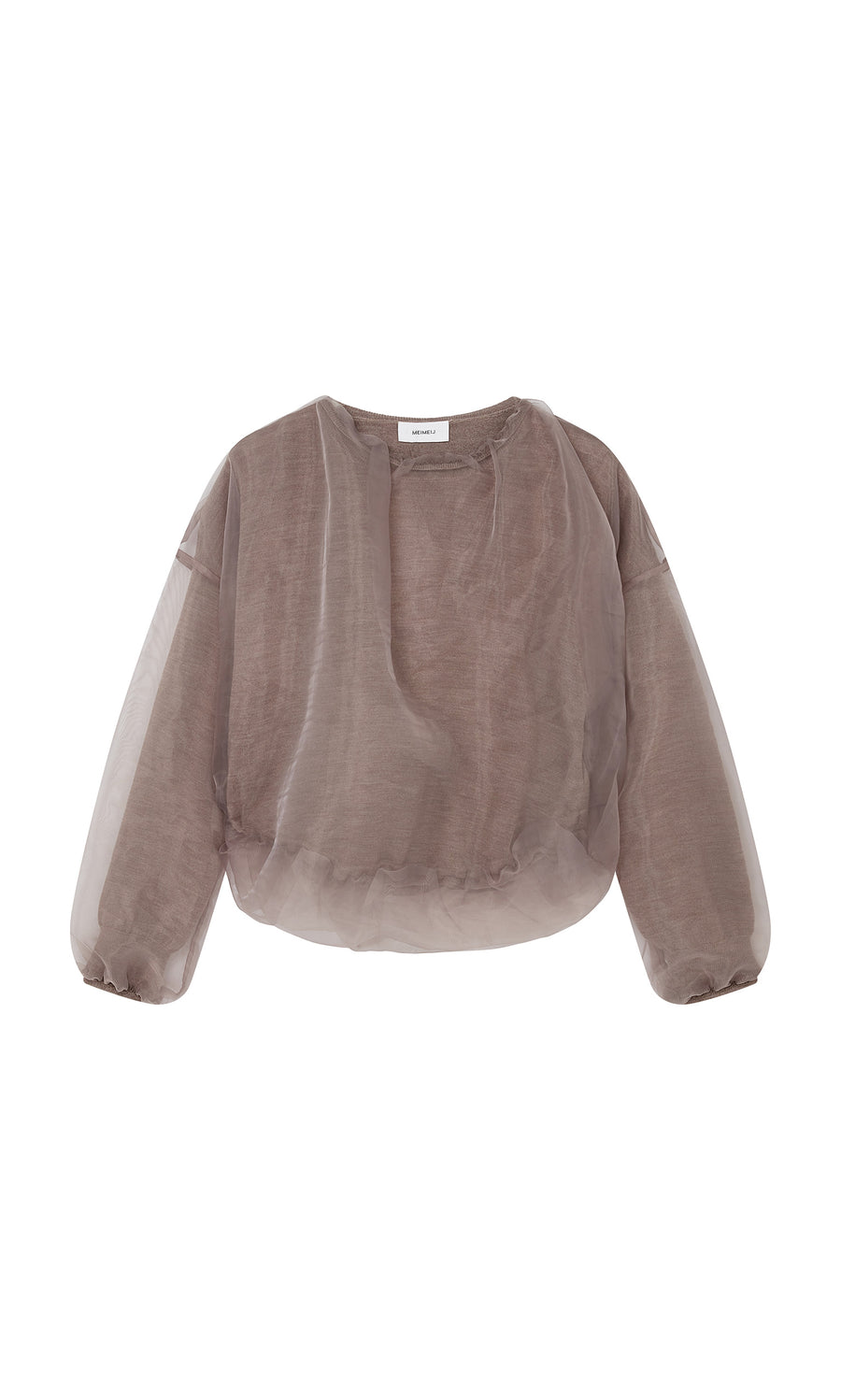 Plümo  Clyde Blouse: Sheer lavender, long sleeves, relaxed fit, round neck—bubble top inspired.