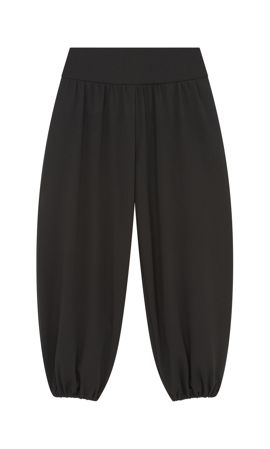 Plümo  Mia Balloon Pants: Black, made in Italy, elastic waist, gathered hems. Shown on a white background.