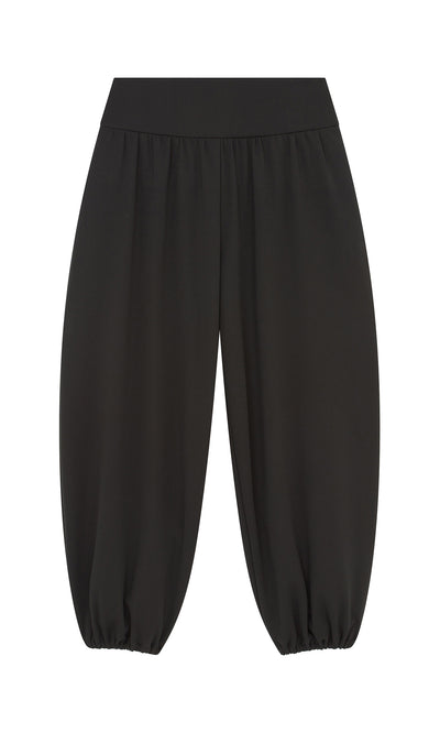 Plümo  Mia Balloon Pants: Black, made in Italy, elastic waist, gathered hems. Shown on a white background.