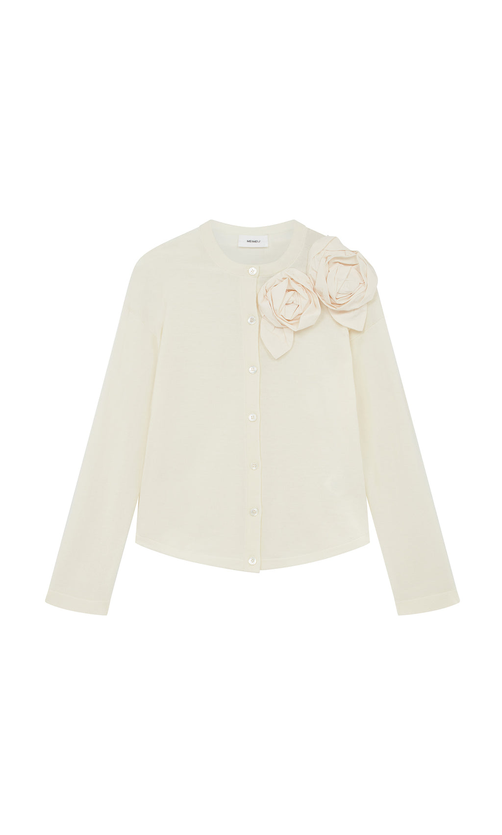 Plümo  Sugared Corsage Cardigan: white, long-sleeve, button-up with two sculptural left-shoulder corsages for an artful flair.
