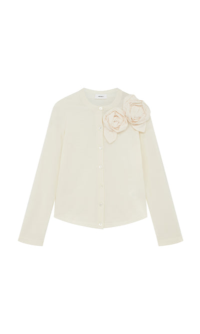 Plümo  Sugared Corsage Cardigan: white, long-sleeve, button-up with two sculptural left-shoulder corsages for an artful flair.