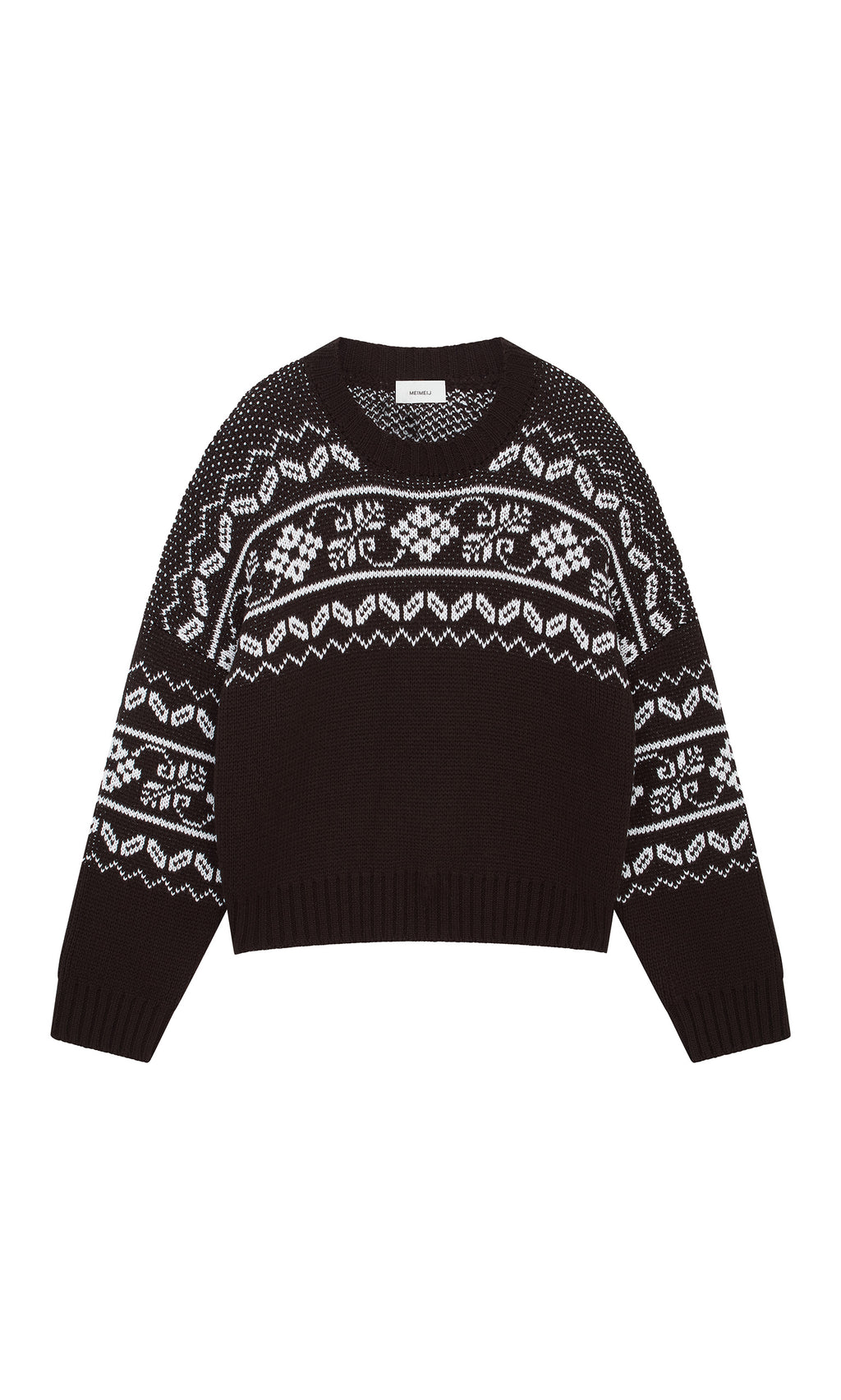 Plümo  Burke Jumper: chunky Nordic knit in dark brown with white snowflake patterns, made in Italy, shown flat.