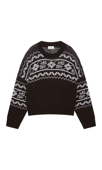 Plümo  Burke Jumper: chunky Nordic knit in dark brown with white snowflake patterns, made in Italy, shown flat.