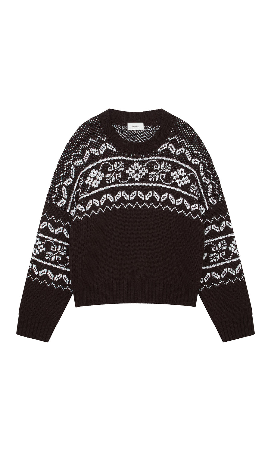 Plümo  Burke Jumper: chunky Nordic knit in dark brown with white snowflake patterns, made in Italy, shown flat.
