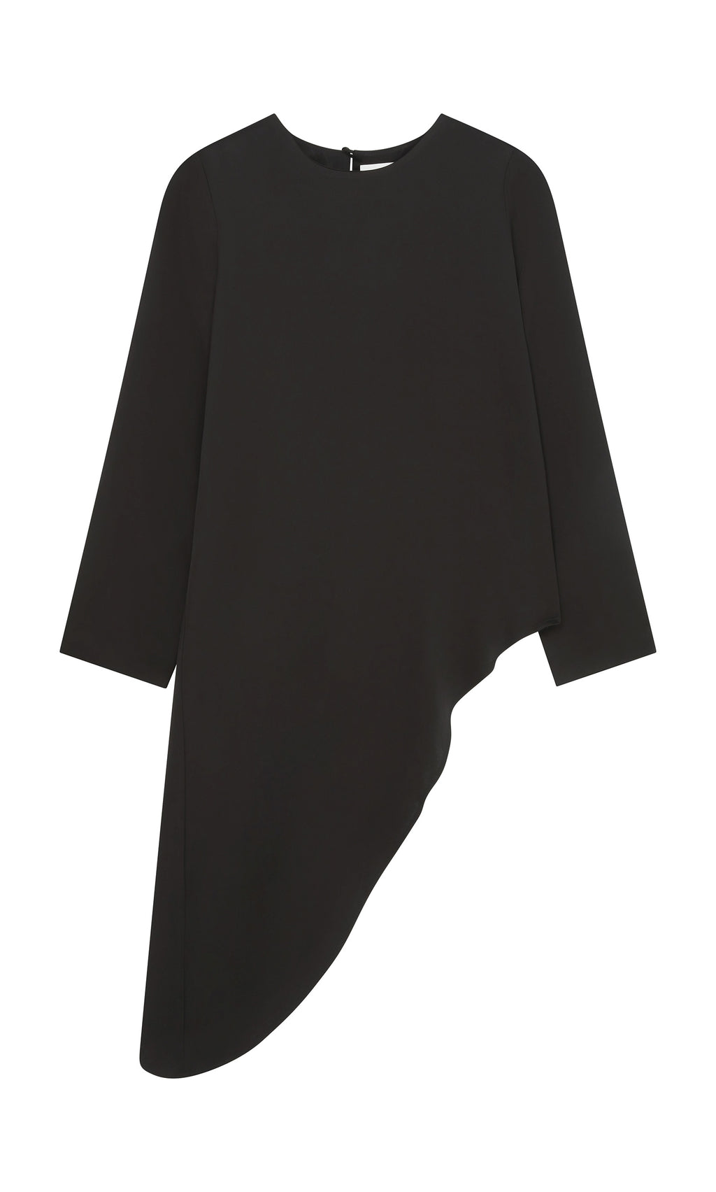 Plümo  Vermeer Top: Black matt-satin crepe, high round neckline, asymmetric hem. Made in Italy.