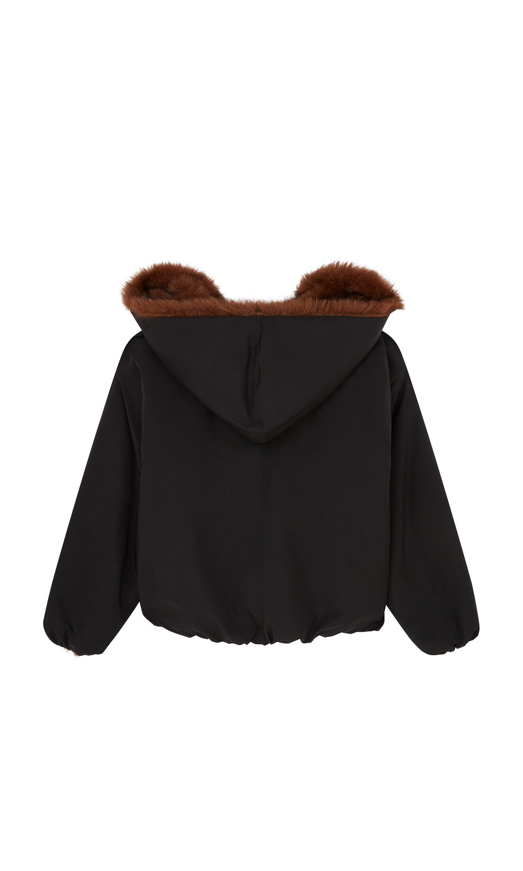 Plümo  Lenz Parka: black faux fur jacket with oversized hood, brown lining, back view on white background.