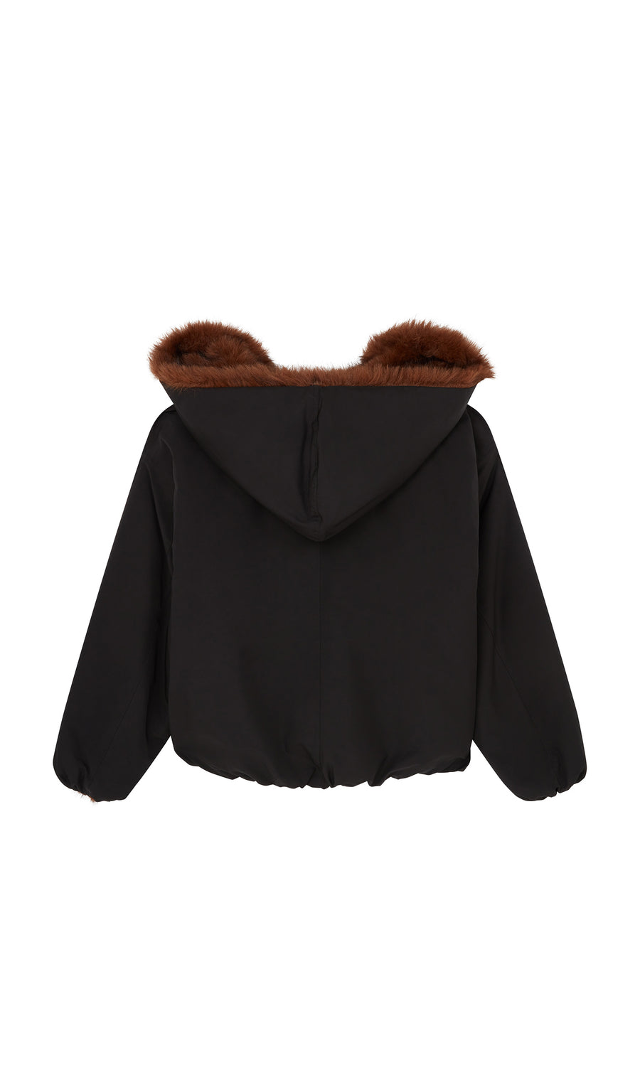Plümo  Lenz Parka: black faux fur jacket with oversized hood, brown lining, back view on white background.