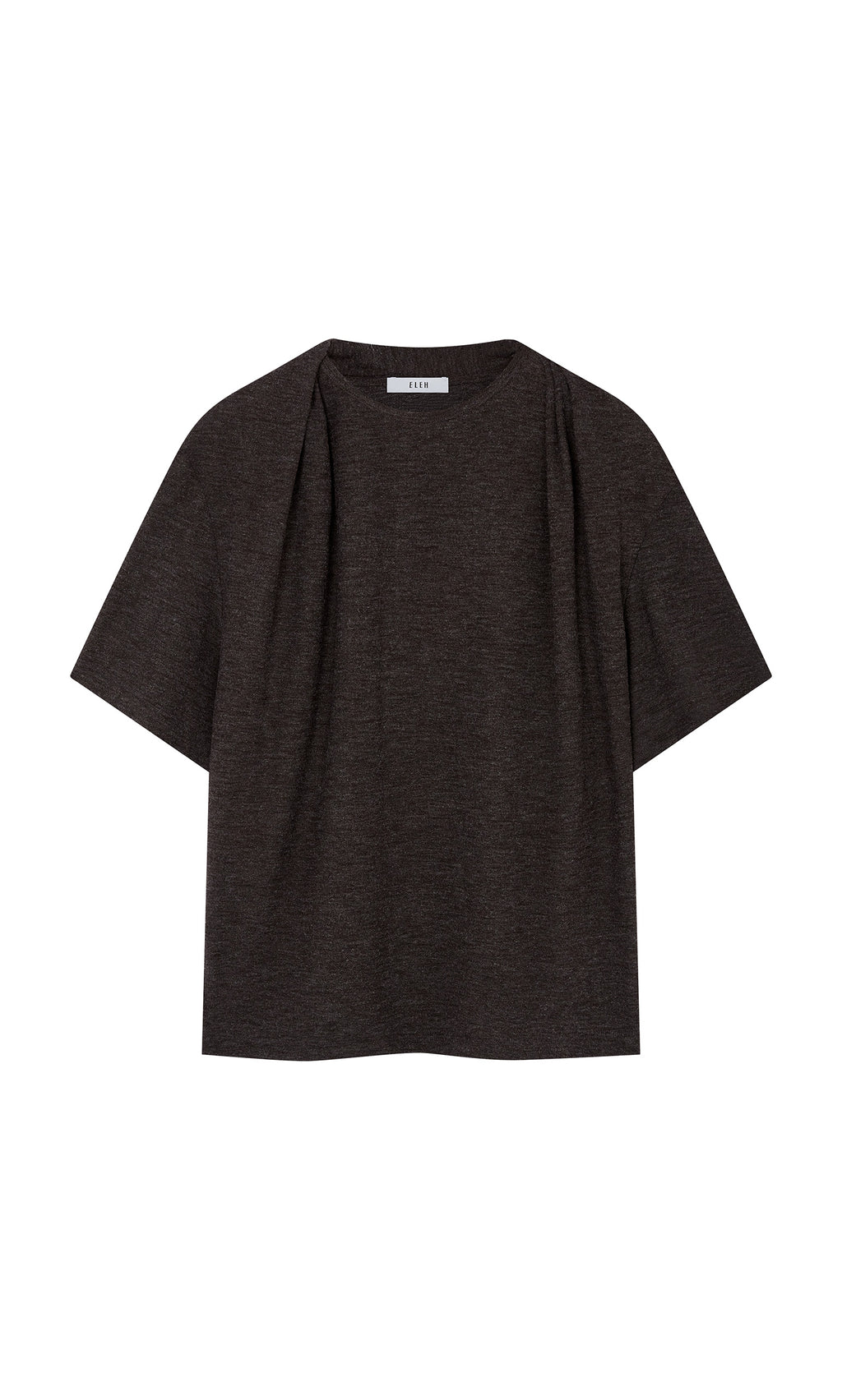 Plümo  The Feld Tee: a marl grey, short-sleeve boxy top with shoulder pleats and a relaxed draped neckline.