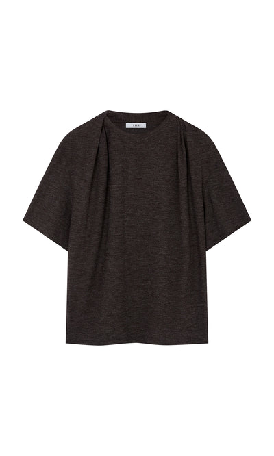 Plümo  The Feld Tee: a marl grey, short-sleeve boxy top with shoulder pleats and a relaxed draped neckline.