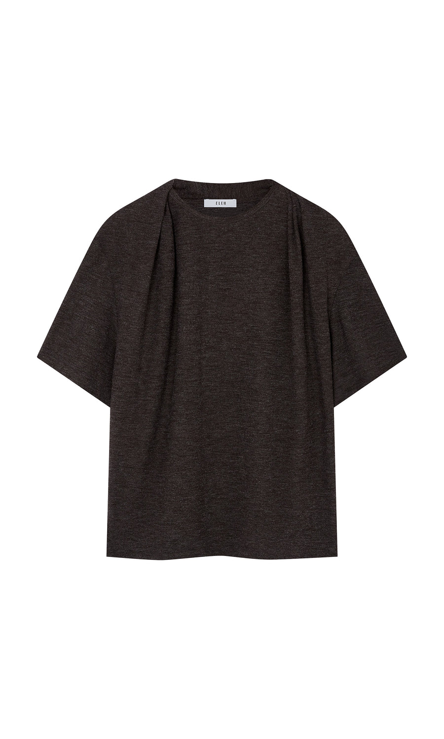 Plümo  The Feld Tee: a marl grey, short-sleeve boxy top with shoulder pleats and a relaxed draped neckline.