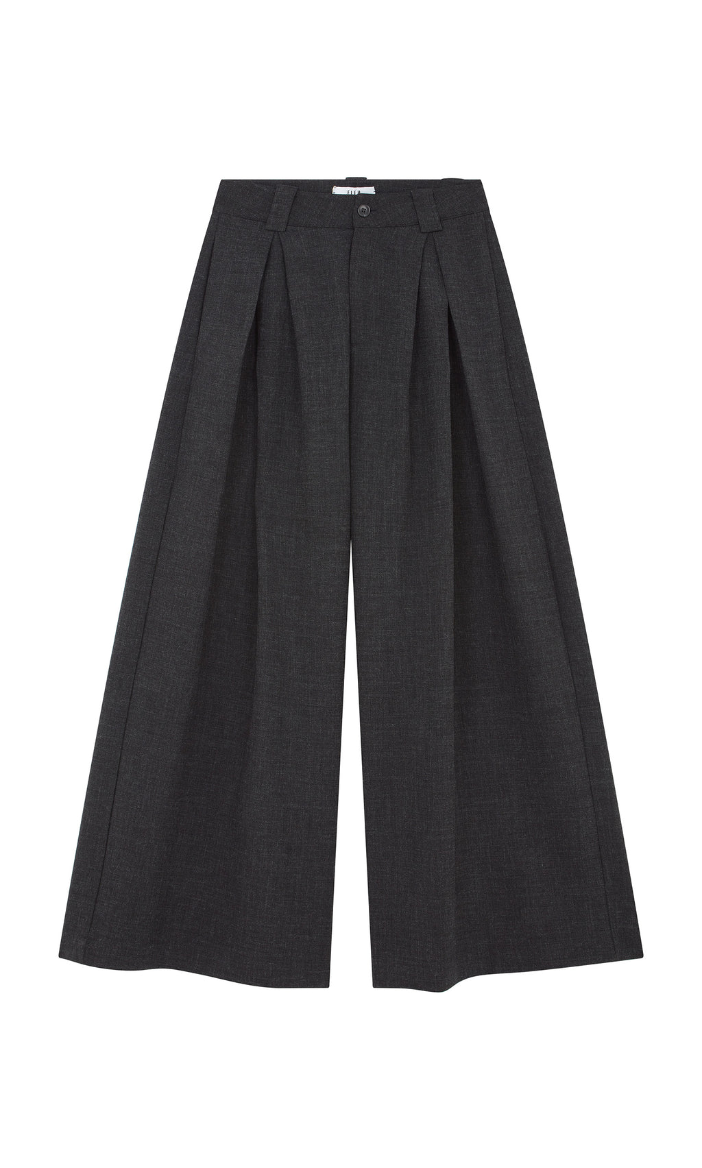 Plümo  Pleated Grey Pants: wide-leg, cropped charcoal culottes with deep pleats, button closure  belt loops on white background.