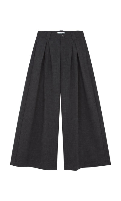 Plümo  Pleated Grey Pants: wide-leg, cropped charcoal culottes with deep pleats, button closure  belt loops on white background.