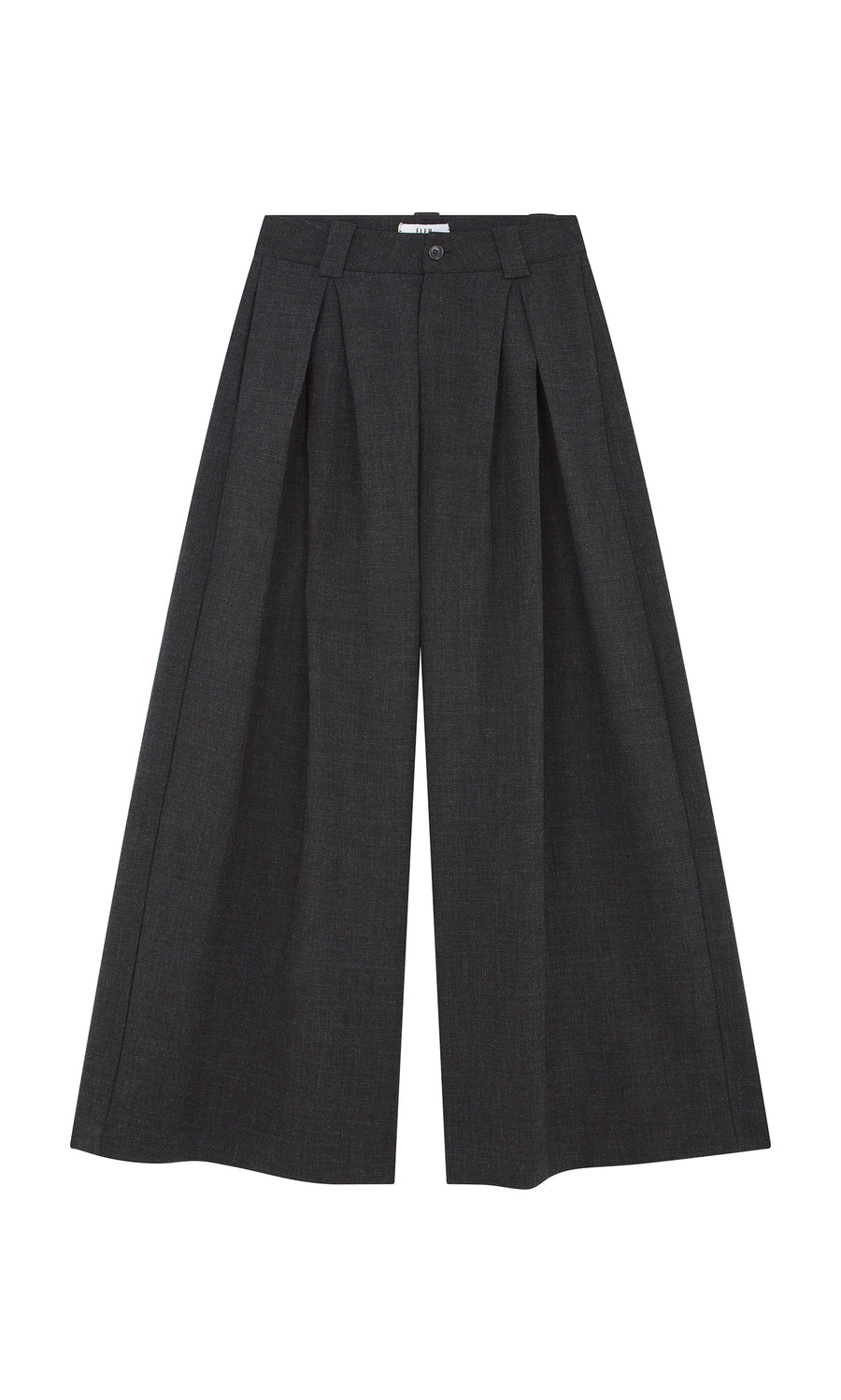 Plümo  Pleated Grey Pants: wide-leg, cropped charcoal culottes with deep pleats, button closure  belt loops on white background.