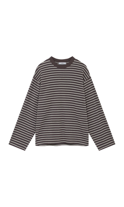 Plümo  Breton Tee - Coal: cotton-blend jersey, boxy fit, striped texture, shown flat on a white background.