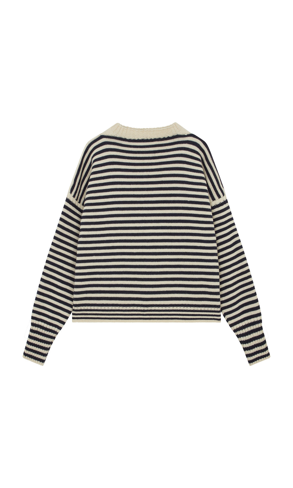 Plümo  Carnac Jumper in black and white stripes, back view, crafted from soft British wool.