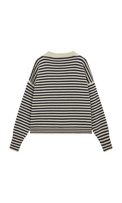Plümo  Carnac Jumper in black and white stripes, back view, crafted from soft British wool.