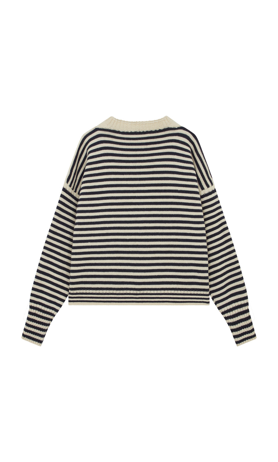 Plümo  Carnac Jumper in black and white stripes, back view, crafted from soft British wool.
