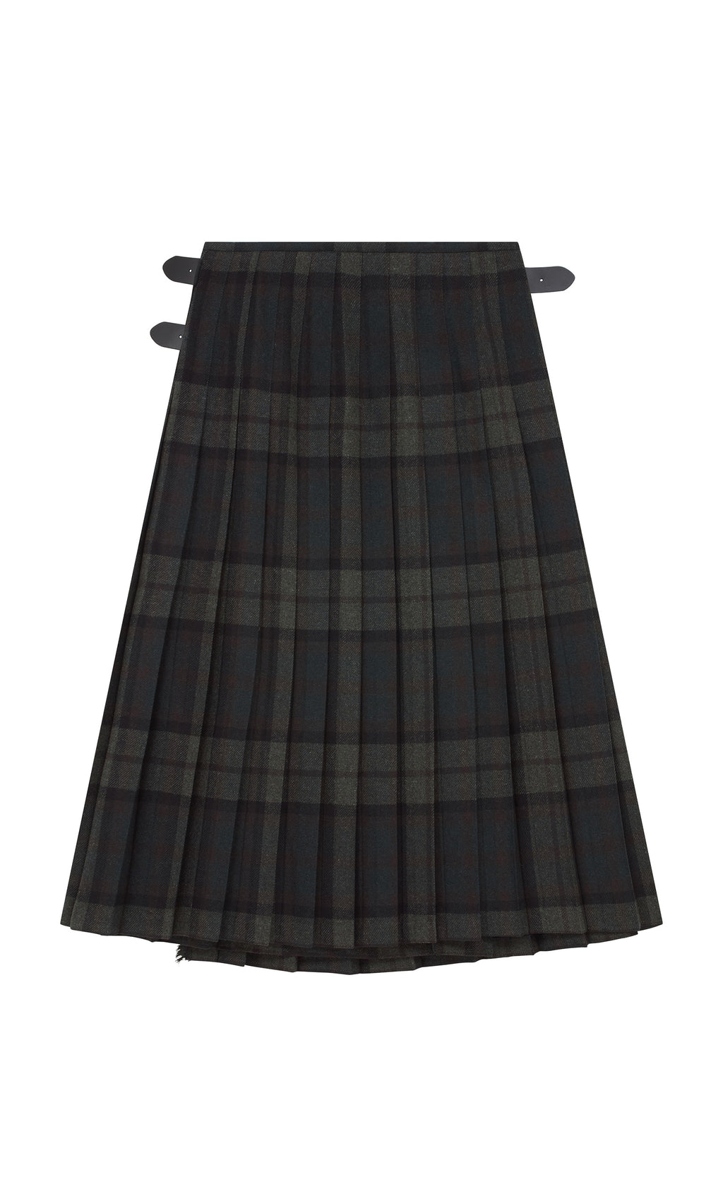 Plümo  Campbell Kilt: dark wool flannel tartan with two black side buckles, shown flat on a white background.