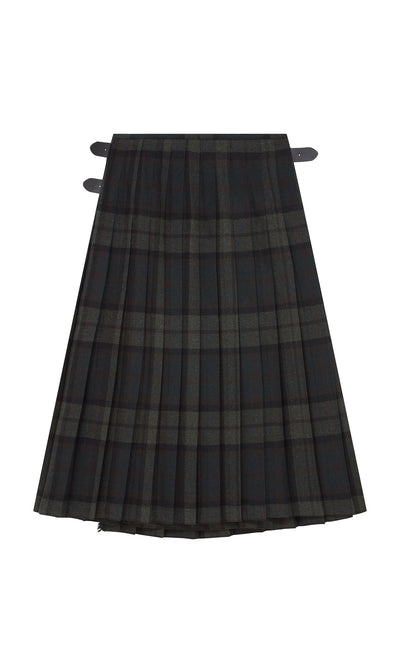 Plümo  Campbell Kilt: dark wool flannel tartan with two black side buckles, shown flat on a white background.