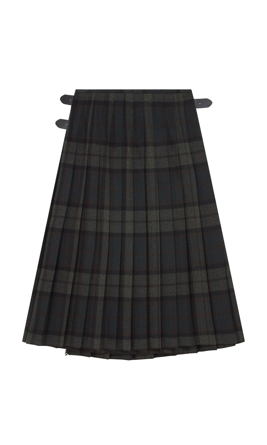 Plümo  Campbell Kilt: dark wool flannel tartan with two black side buckles, shown flat on a white background.