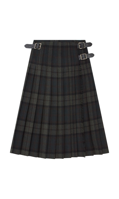Plümo  The Campbell Kilt: dark plaid wool flannel with two silver buckles and black leather straps on the right waistband.